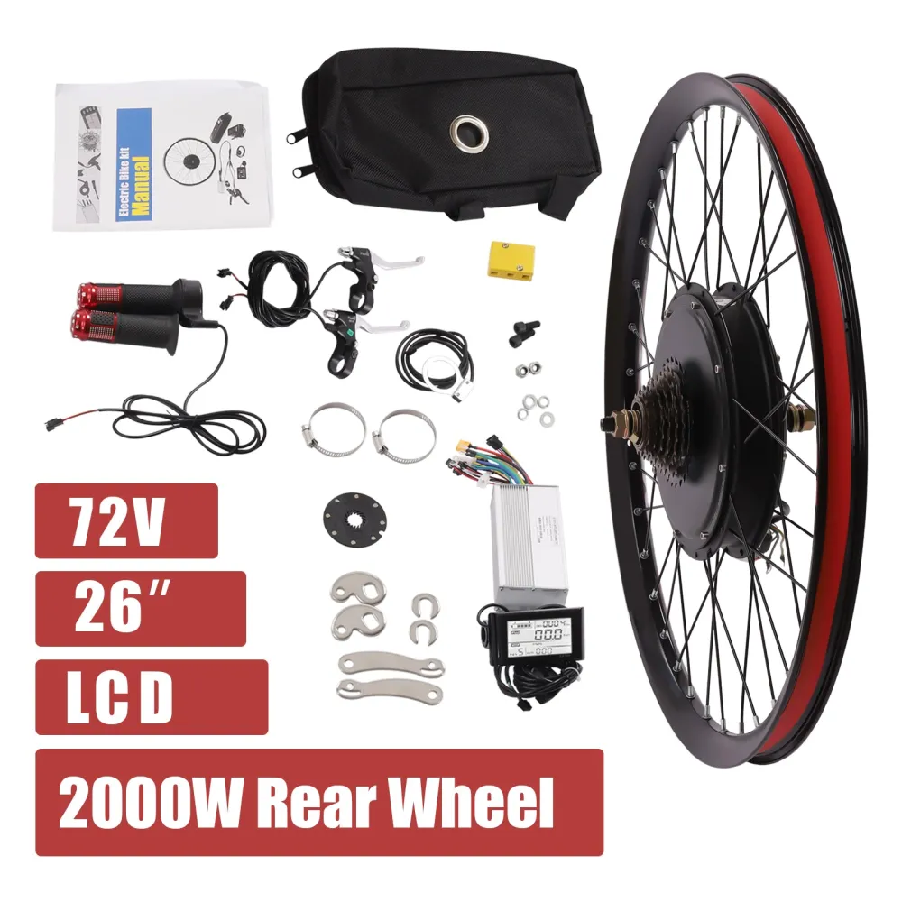 Electric Bicycle Conversion Kit 2000W Electric Bike Kit 72V Rear Wheel Motor with Mutifunction Display for 26-inch Bikes