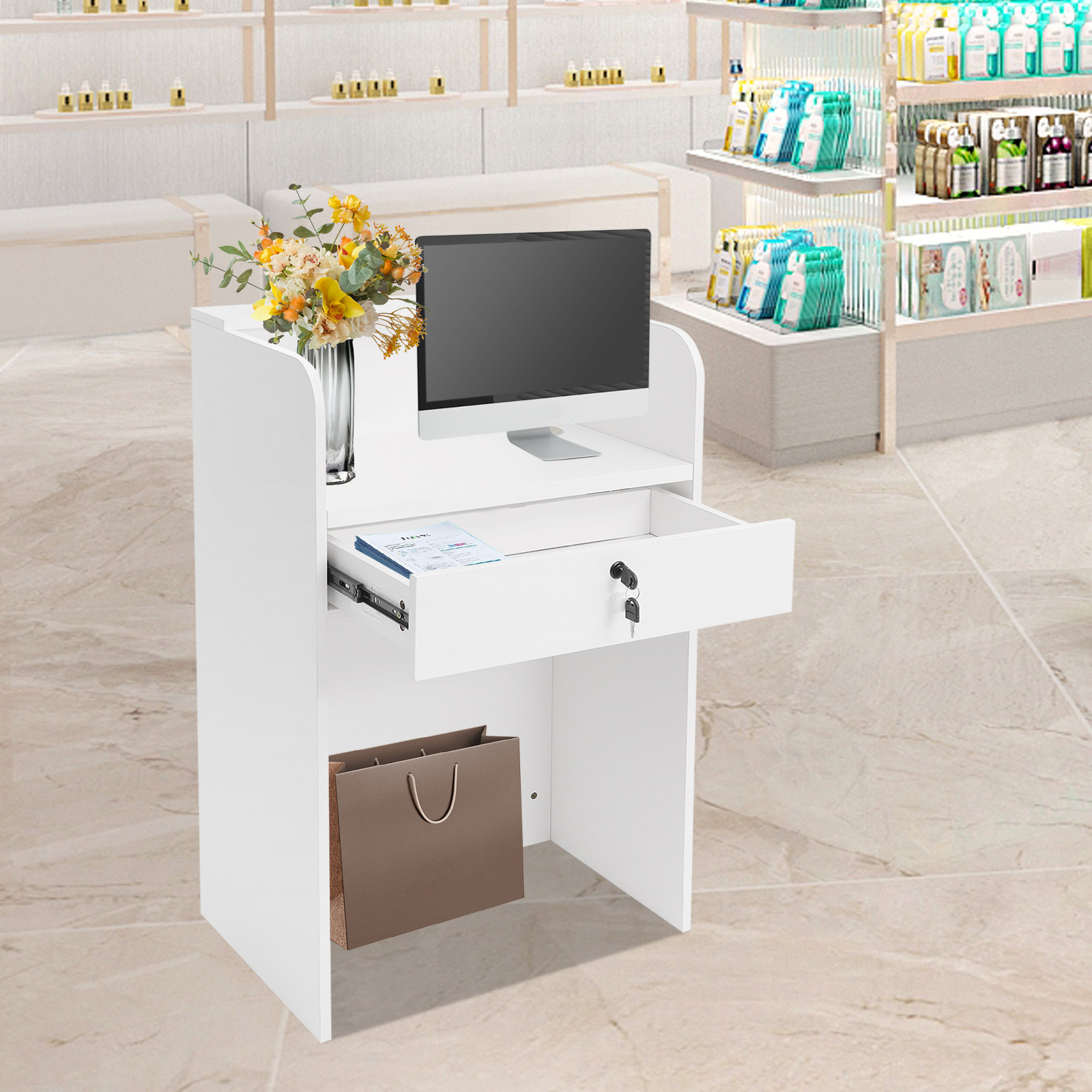 Modern Reception Desk, Reception Desk for Checkout, Reception Counter With a Lockable Drawer