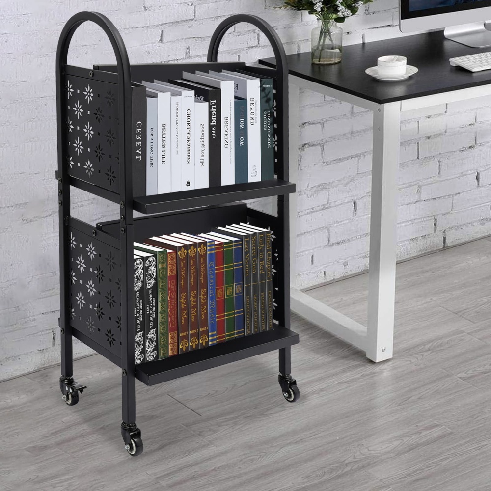 2-Tier Rolling Book Cart For Library Or Office – 17x13x34 Inches, Black, Holds 50lbs Per Shelf