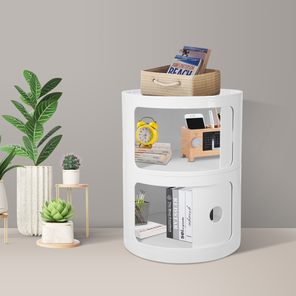 2 Tray Round Cabinet, Round End Table with Storage, Round Organizer - White