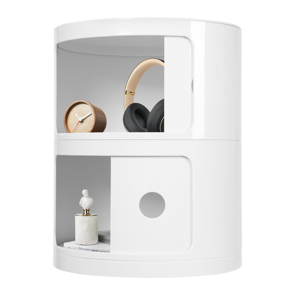 2 Tray Round Cabinet, Round End Table with Storage, Round Organizer - White