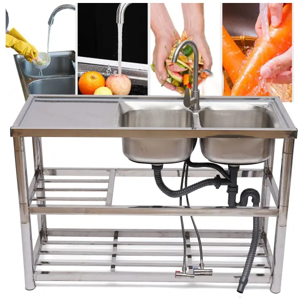 CNCEST Top-deal 47" Stainless Steel Table with Sink Hidden Kitchen Sink Double Bowl Bar Catering Sink