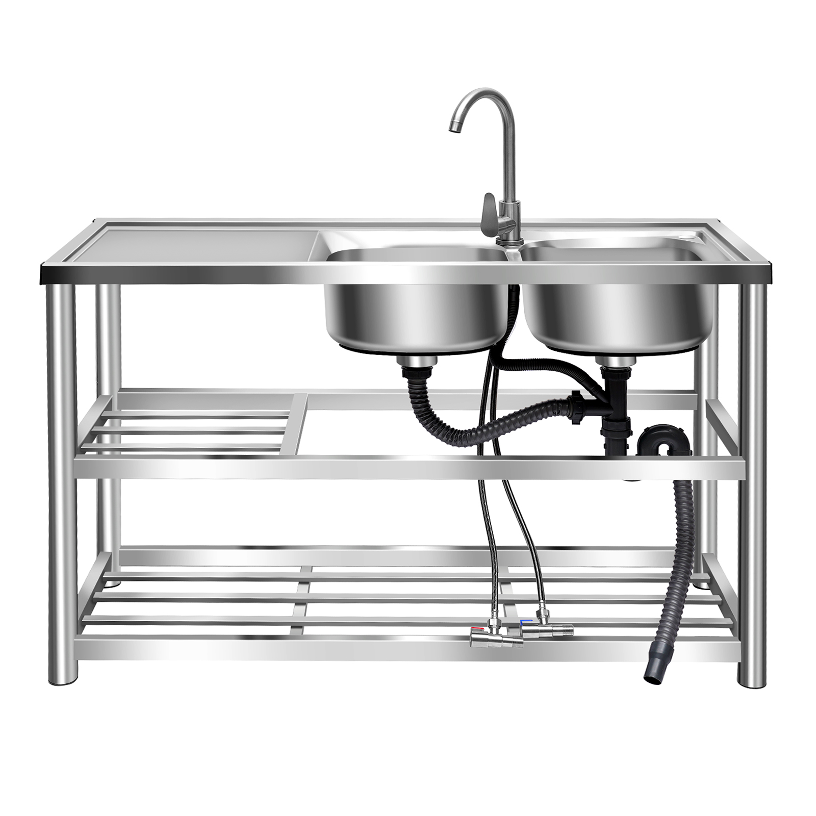 CNCEST Top-deal 47" Stainless Steel Table with Sink Hidden Kitchen Sink Double Bowl Bar Catering Sink