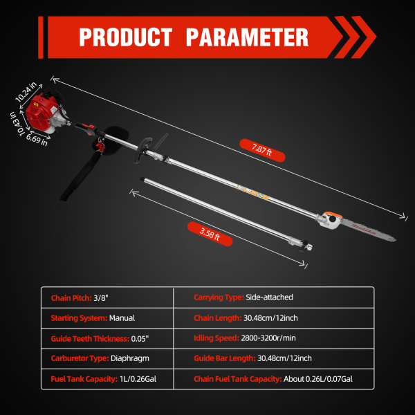 CNCEST  42.7CC 2 Stroke Gas Powered Pole Saw Split Shaft Chainsaw Pruner Trimmer-Chainsaw