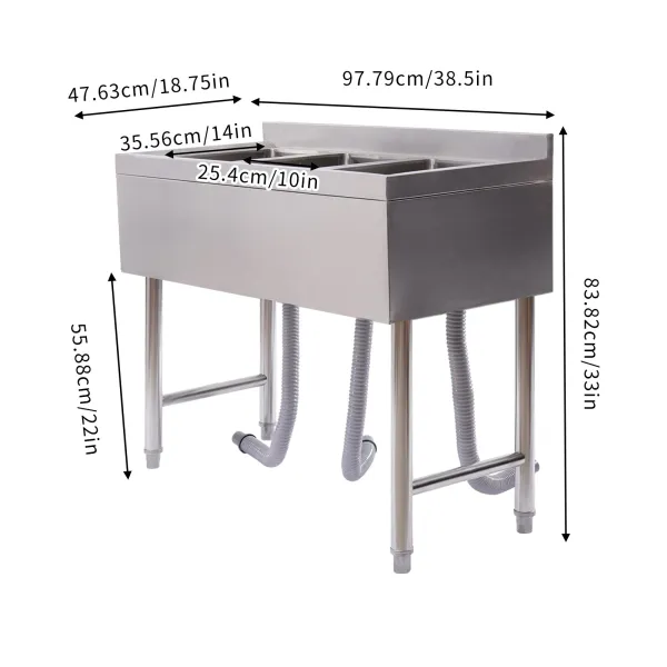 CNCEST 3 Compartment Sink of Stainless Steel NSF Commercial Utility Basin with 10" L x 14" W x 10" D Bowl CNCEST 3 Compartment Sink of Stainless Steel NSF Commercial Utility Basin with 10" L x 14" W x 10" D Bowl