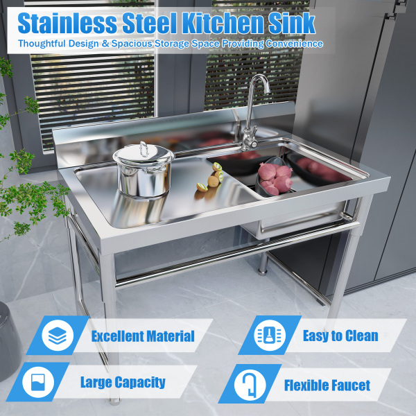 CNCEST 47" Stainless Steel Sink Utility Compartment Commercial Kitchen Restaurant Laundry Sink Drain Board
