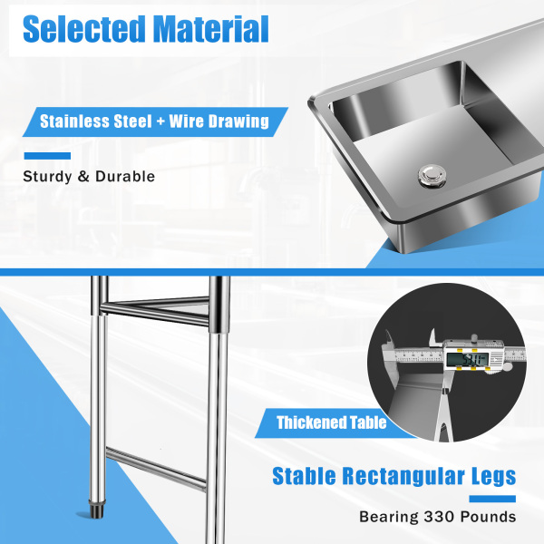 CNCEST 47" Stainless Steel Sink Utility Compartment Commercial Kitchen Restaurant Laundry Sink Drain Board