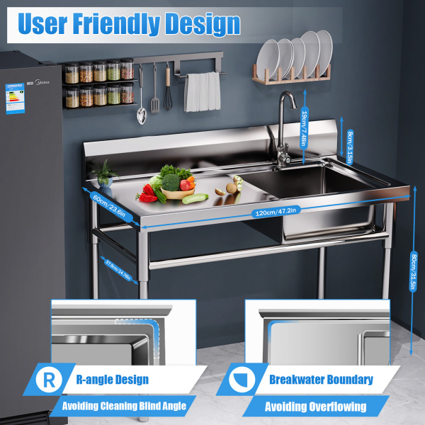 CNCEST 47" Stainless Steel Sink Utility Compartment Commercial Kitchen Restaurant Laundry Sink Drain Board