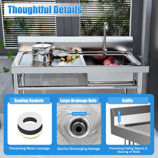 CNCEST 47" Stainless Steel Sink Utility Compartment Commercial Kitchen Restaurant Laundry Sink Drain Board