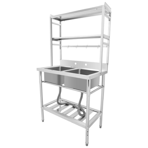 Double Stainless Steel Sink Sink With Bracket 2-sink Kitchen Rack For Cleaning Utensils Vegetables Fruits Clothing 304 Stainless Steel Silver