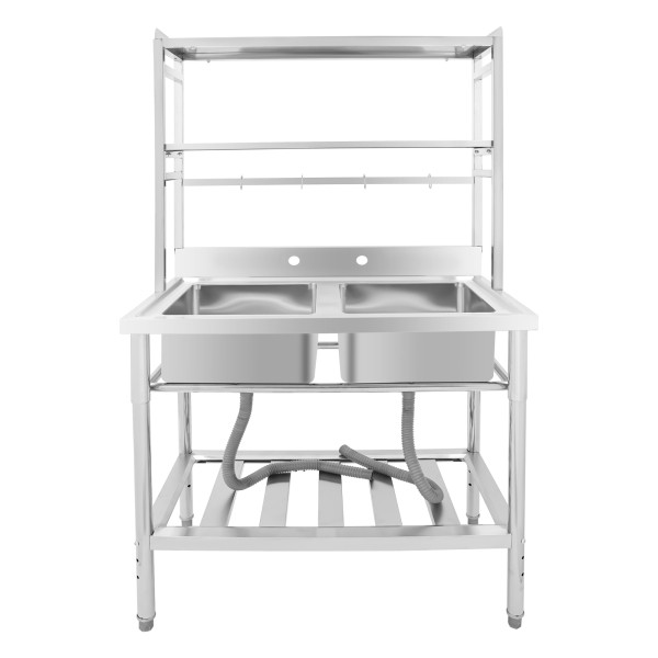 Double Stainless Steel Sink Sink With Bracket 2-sink Kitchen Rack For Cleaning Utensils Vegetables Fruits Clothing 304 Stainless Steel Silver