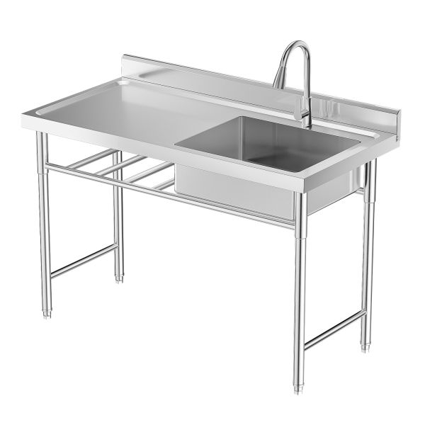 CNCEST Load-bearing 300kg/661lbs Free-Standing 201 Non-magnetic Stainless Steel Thickened Commercial Sink Prep Table w/ 360°Faucet