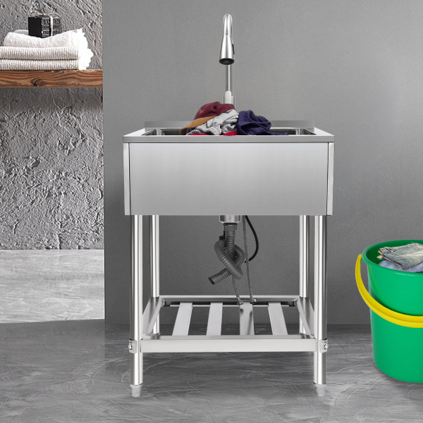25 x 22 in Single Bowl Laundry Sink, Commercial Sink with Pull-Out Faucet, Stainless Steel Laundry Sink with Stand
