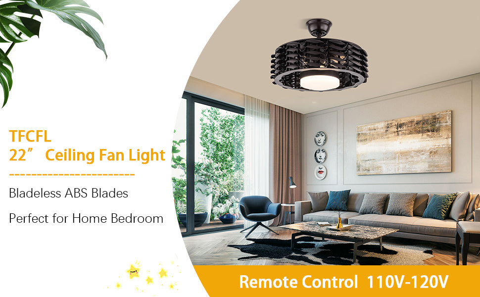 22 Inch Fan Bladeless Ceiling Fan with LED Light , Black Ceiling Fan Chandelier 22 ...