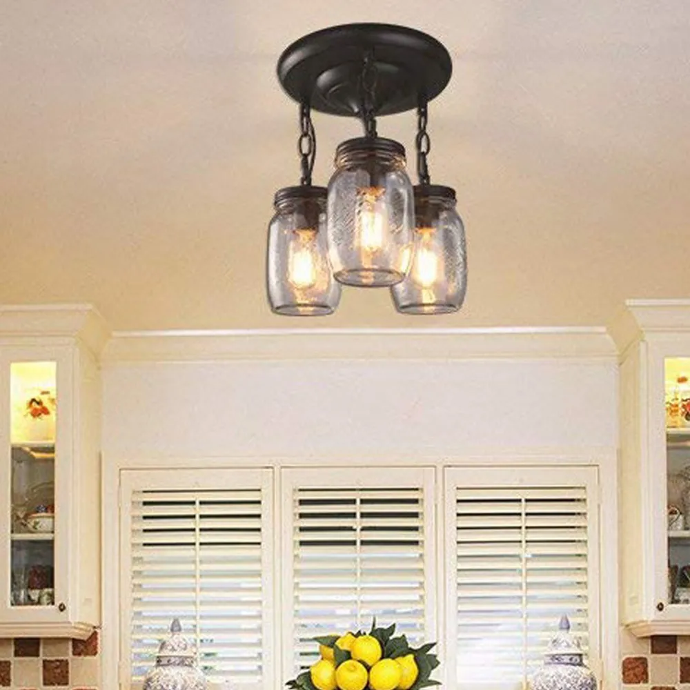 3 Lights Glass Mason Jar Light Kitchen Island Pendant Light Ceiling Fixtures