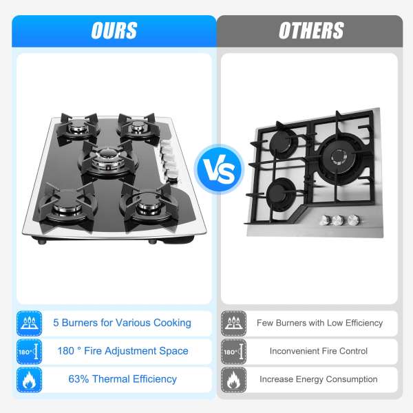 CNCEST 5 Burner 35.4*20.1*2.4in Built-in  Electronic Pulse Ignition Gas Stove Great Tempered Glass Gas Cooktop Black