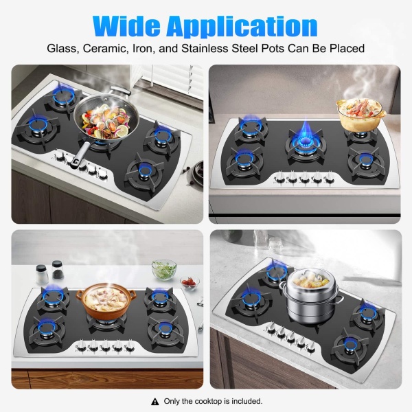 CNCEST 5 Burner 35.4*20.1*2.4in Built-in  Electronic Pulse Ignition Gas Stove Great Tempered Glass Gas Cooktop Black