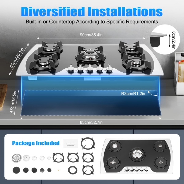 CNCEST 5 Burner 35.4*20.1*2.4in Built-in  Electronic Pulse Ignition Gas Stove Great Tempered Glass Gas Cooktop Black