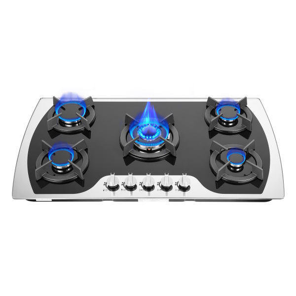 CNCEST 5 Burner 35.4*20.1*2.4in Built-in  Electronic Pulse Ignition Gas Stove Great Tempered Glass Gas Cooktop Black