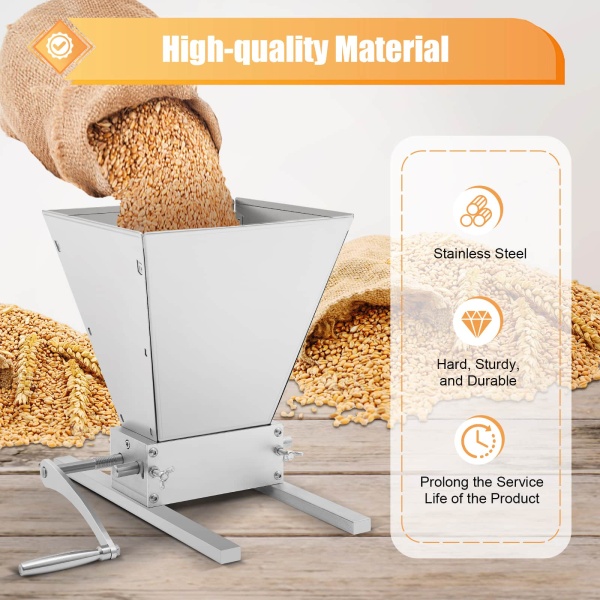 4L 2 Roller Stainless Steel Malt Crusher Heavy Duty Malt Mill Homebrew Grain Crusher Adjustable Barley Grinder