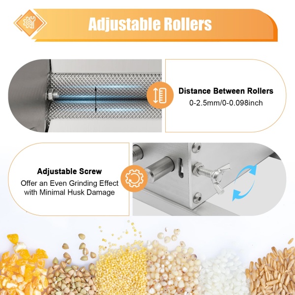 4L 2 Roller Stainless Steel Malt Crusher Heavy Duty Malt Mill Homebrew Grain Crusher Adjustable Barley Grinder