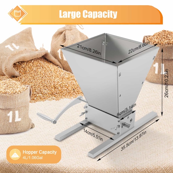 4L 2 Roller Stainless Steel Malt Crusher Heavy Duty Malt Mill Homebrew Grain Crusher Adjustable Barley Grinder