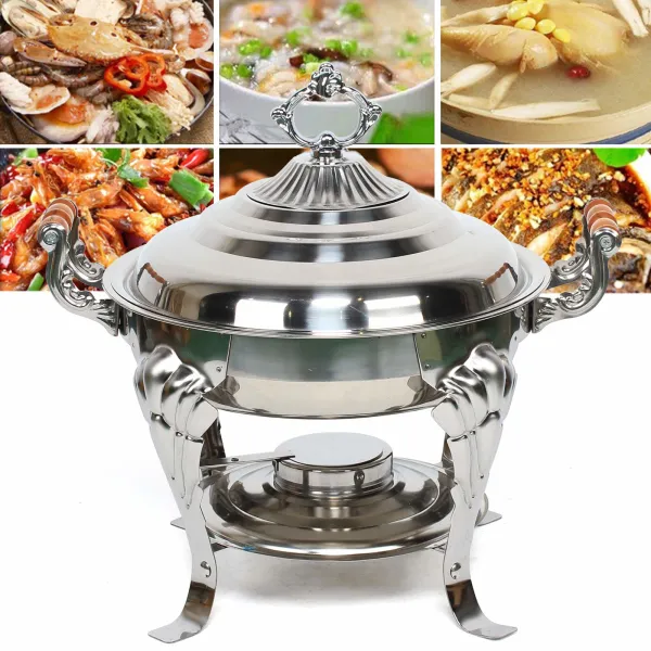 Round Chafing Dish Stainless Steel Warming Trays Hotplate Food Warmer Chafer Insulation w/Lid Durable Food Service Equipment