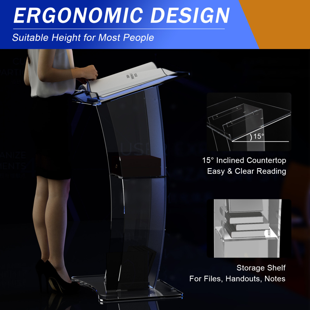 Acrylic Podium Lectern Stand up Church Pulpit with Storage Shelf