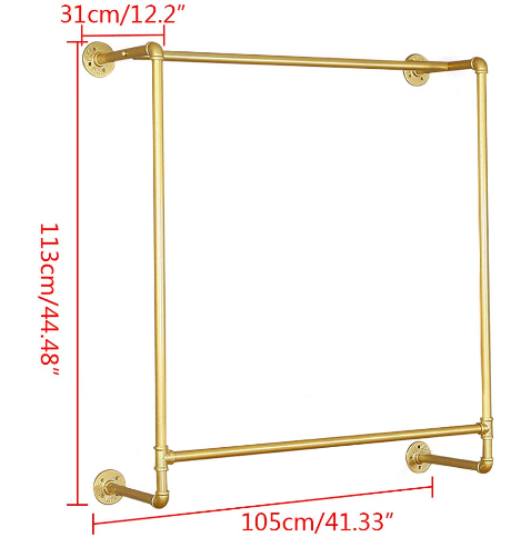 44.5"Industrial Pipe Gold Clothing Rack Wall Mounted,Boutique Retail Garment Rack Wall Display Rack