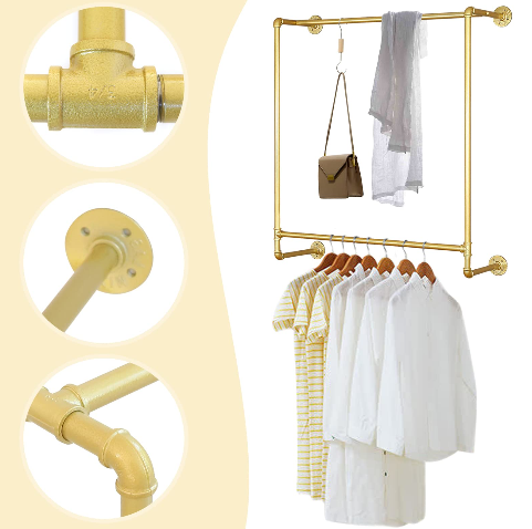 44.5"Industrial Pipe Gold Clothing Rack Wall Mounted,Boutique Retail Garment Rack Wall Display Rack