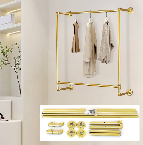 44.5"Industrial Pipe Gold Clothing Rack Wall Mounted,Boutique Retail Garment Rack Wall Display Rack