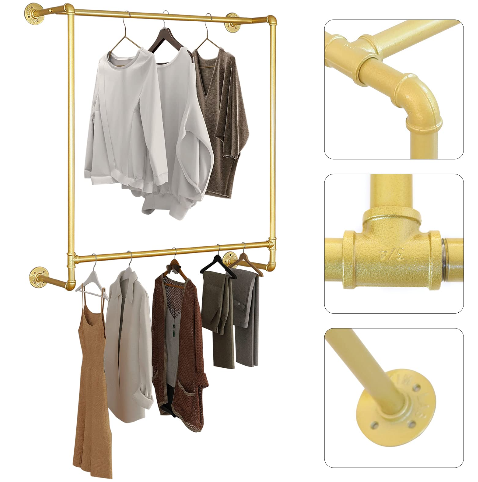 44.5"Industrial Pipe Gold Clothing Rack Wall Mounted,Boutique Retail Garment Rack Wall Display Rack