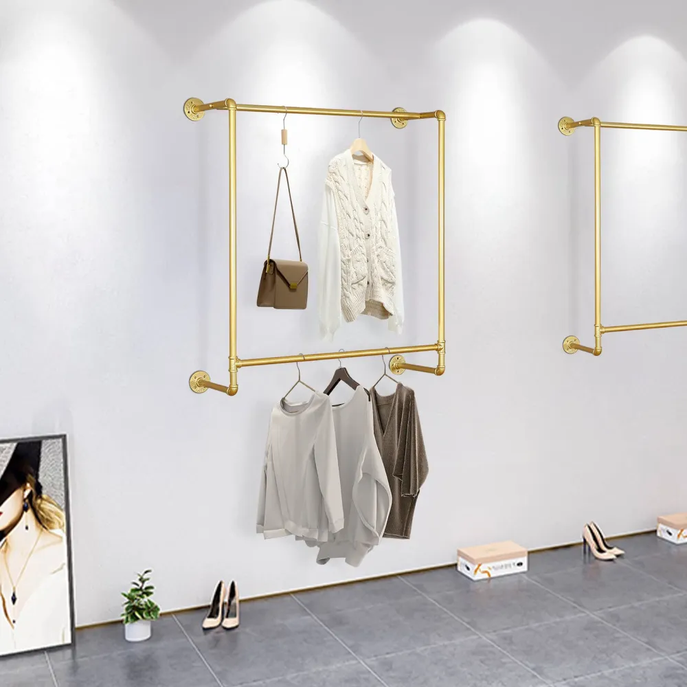 44.5"Industrial Pipe Gold Clothing Rack Wall Mounted,Boutique Retail Garment Rack Wall Display Rack