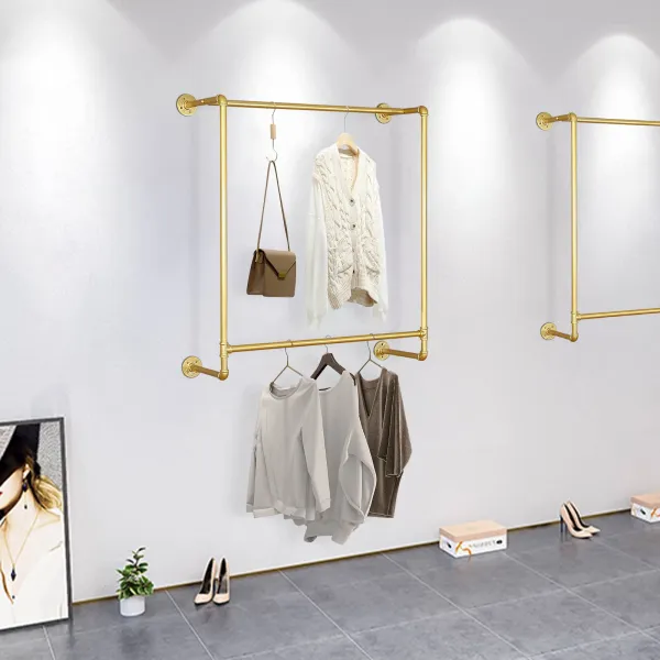 44.5"Industrial Pipe Gold Clothing Rack Wall Mounted,Boutique Retail Garment Rack Wall Display Rack