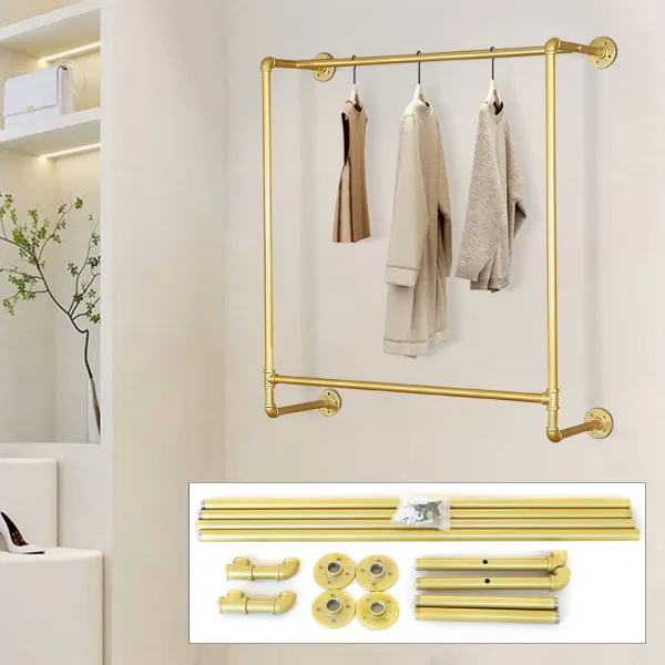 44.5"Industrial Pipe Gold Clothing Rack Wall Mounted,Boutique Retail Garment Rack Wall Display Rack