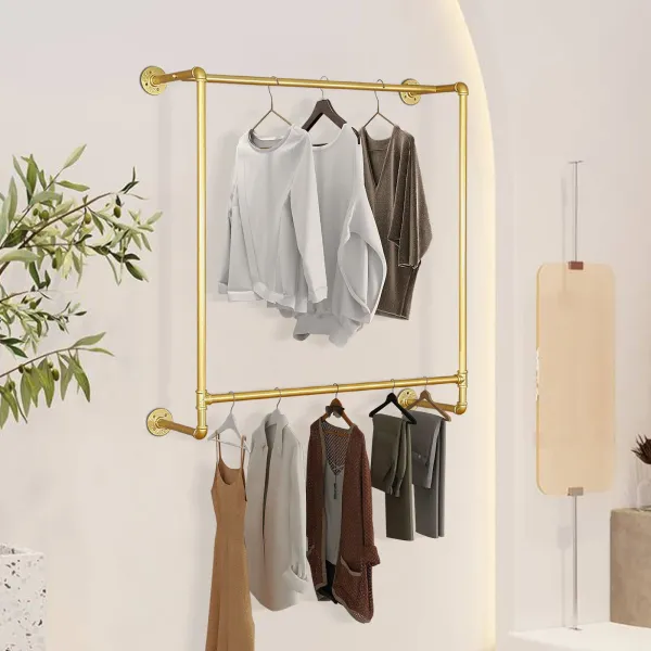 44.5"Industrial Pipe Gold Clothing Rack Wall Mounted,Boutique Retail Garment Rack Wall Display Rack 44.5"Industrial Pipe Gold Clothing Rack Wall Mounted,Boutique Retail Garment Rack Wall Display Rack