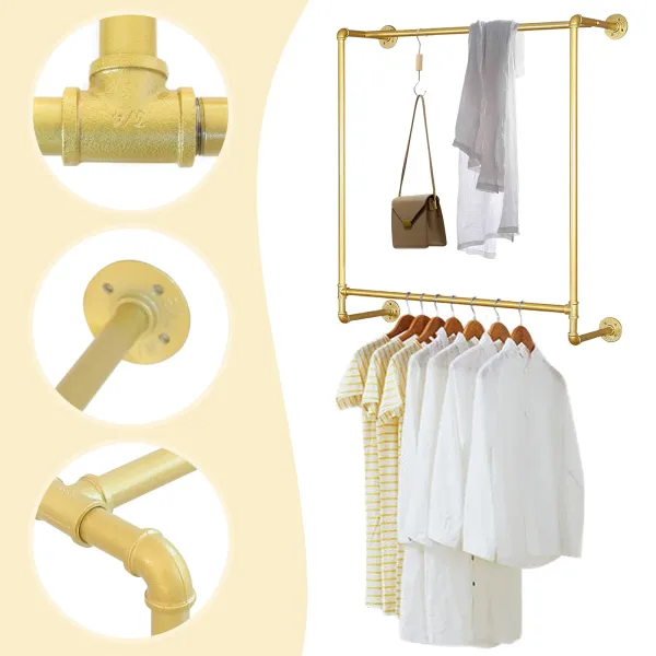44.5"Industrial Pipe Gold Clothing Rack Wall Mounted,Boutique Retail Garment Rack Wall Display Rack 44.5"Industrial Pipe Gold Clothing Rack Wall Mounted,Boutique Retail Garment Rack Wall Display Rack
