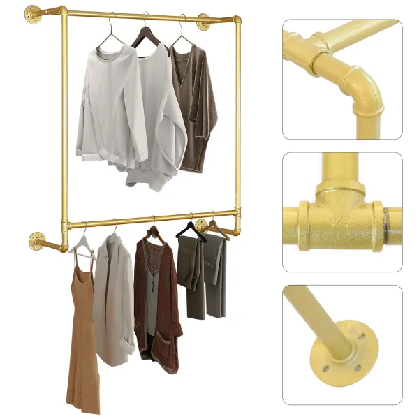 44.5"Industrial Pipe Gold Clothing Rack Wall Mounted,Boutique Retail Garment Rack Wall Display Rack 44.5"Industrial Pipe Gold Clothing Rack Wall Mounted,Boutique Retail Garment Rack Wall Display Rack