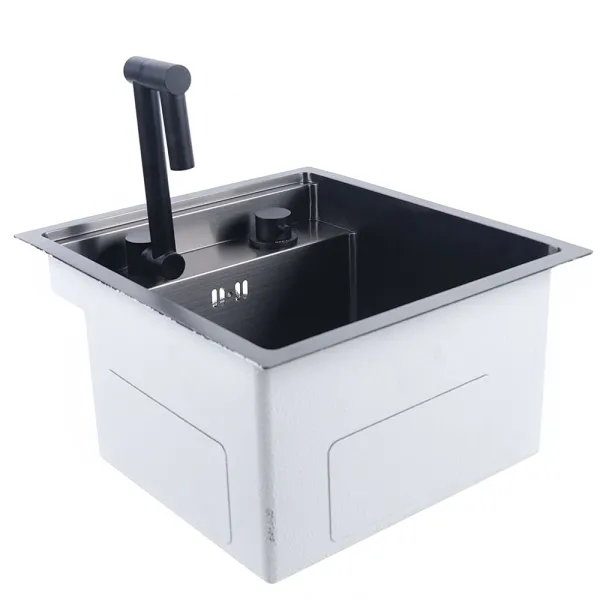 Hidden Kitchen Square Sink Single Bowl Sink Stainless Steel Sink+Folding Faucet