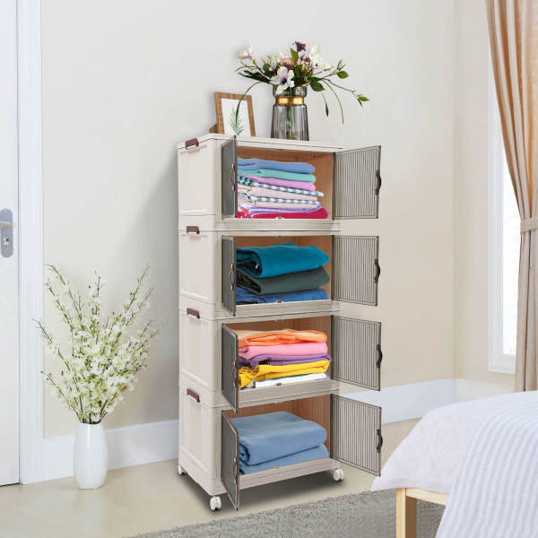 White+Transparent+Tan 4-Tier Foldable Cabinet,Stackable Storage Cabinet, Organizer with Wheels