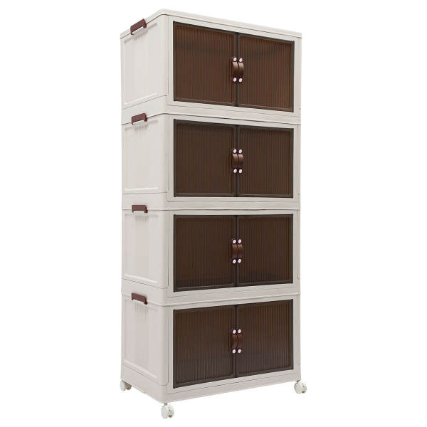 White+Transparent+Tan 4-Tier Foldable Cabinet,Stackable Storage Cabinet, Organizer with Wheels