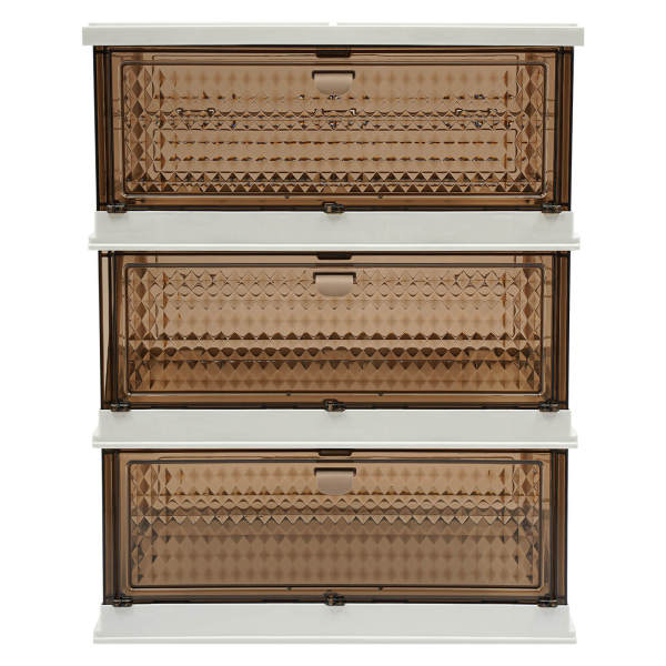 White & Coffee 3-tier Foldable Storage Cabinet, Storage Bins, with Magnetic Diamond Doors - PP&PS Material, for Home Organization
