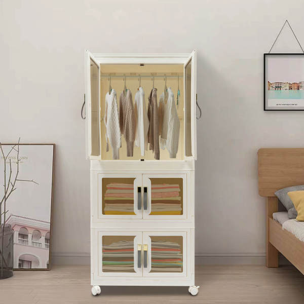 3-Tier White Closet Wardrobe, Foldable Cabinet, Folding Storage Box with Wheels, Large wardrobe + two folding cabinets