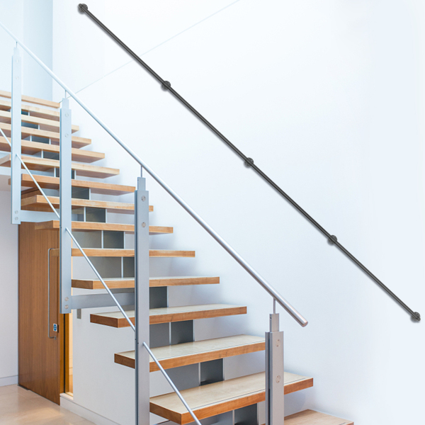 14FT Industrial Pipe Wall Handrail, Farmhouse Stairway Railing with 1-1/4 Inch Diameter Pipe, Vintage Style Stairs Handrail, Wall Mounted, Matte Black