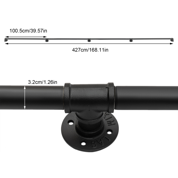 14FT Industrial Pipe Wall Handrail, Farmhouse Stairway Railing with 1-1/4 Inch Diameter Pipe, Vintage Style Stairs Handrail, Wall Mounted, Matte Black