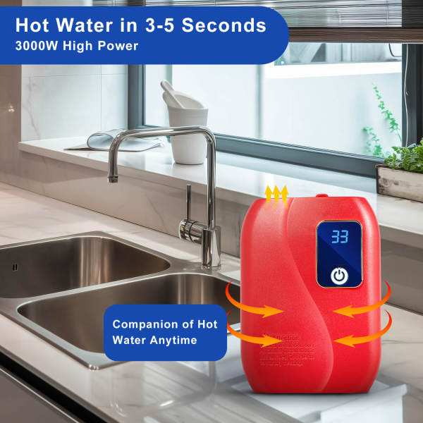 Small Electric Tankless Instant Hot Water Heater Shower Kitchen Bathroom Red 3000W