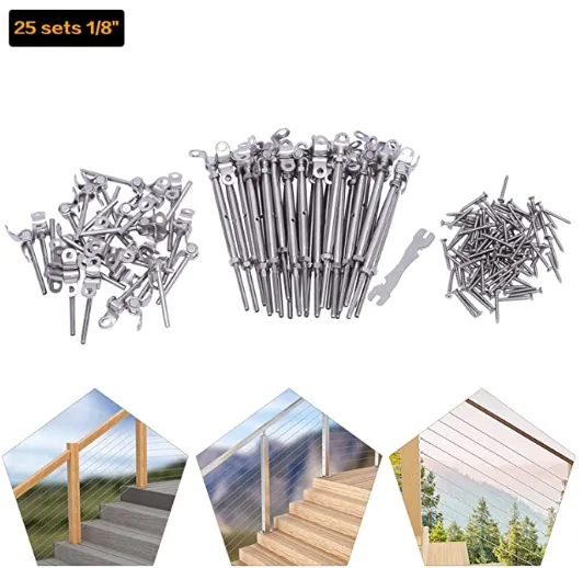 25 Pairs 316 Stainless Steel Adjustable Angle Cable Railing Hardware Kit 1/8" Wire Rope, Adjustable Swage Toggle Turnbuckle Tensioner