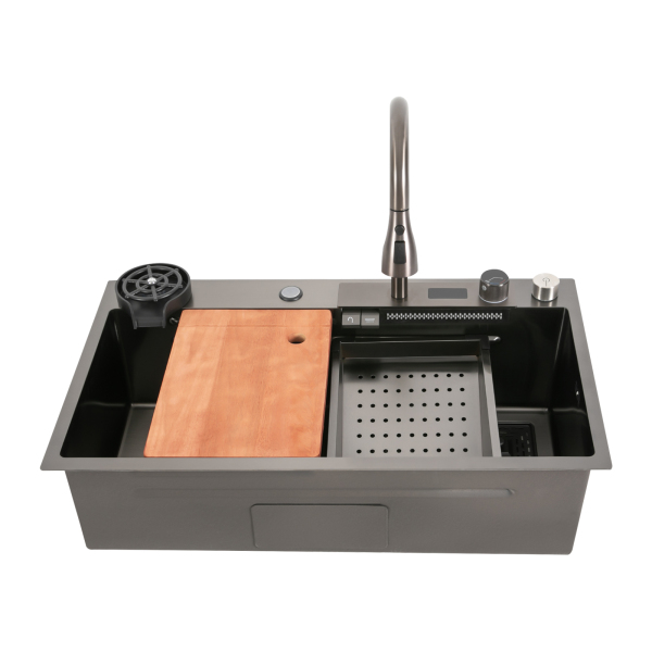 32"*18" Digital Display Waterfall Sink Multifunctional Workstation Kitchen Sink 201 Stainless Steel Sink Kitchen Sink with Pull-Out Faucet