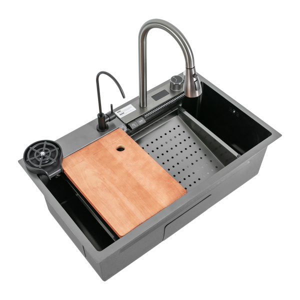 30"*18" Digital Display Waterfall Sink Multifunctional Workstation Kitchen Sink with High-pressure Cup Washer Kitchen Sink with Pull-Out Faucet