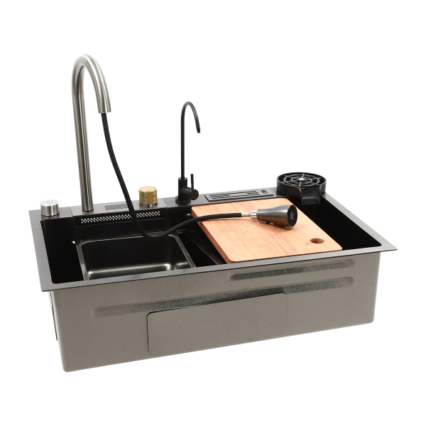 Black Kitchen Sink with Cup Washer Digital Display Waterfall Sink with Water Purification Tap Stainless Steel Single Bowl Kitchen Sink for Restaurants